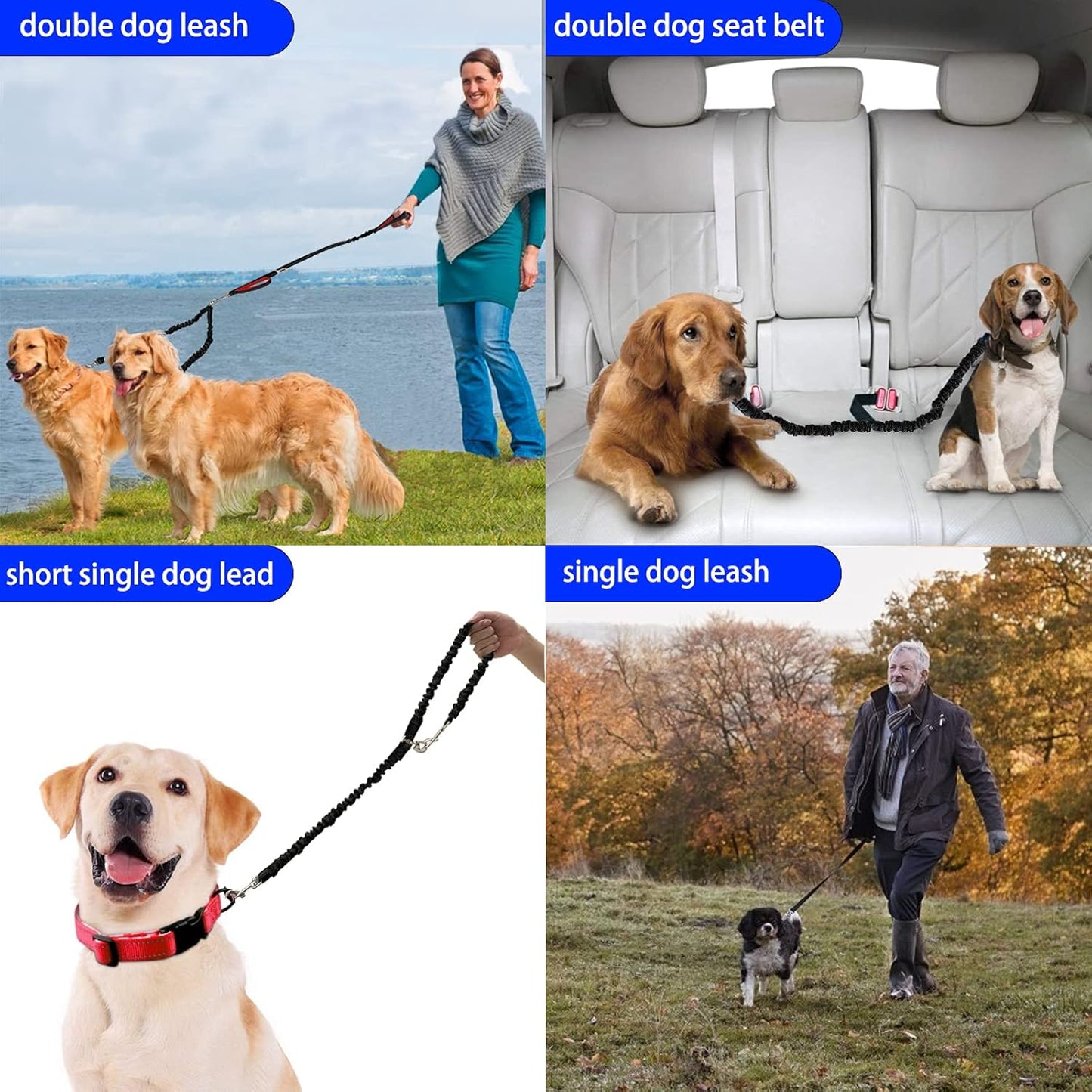 Revolutionary Dual Dog Leash: Tangle-Free, 360° Swivel Design for Medium to Large Dogs - Black and Red Bungee Leash with Padded Handles and Seat Belt Functionality