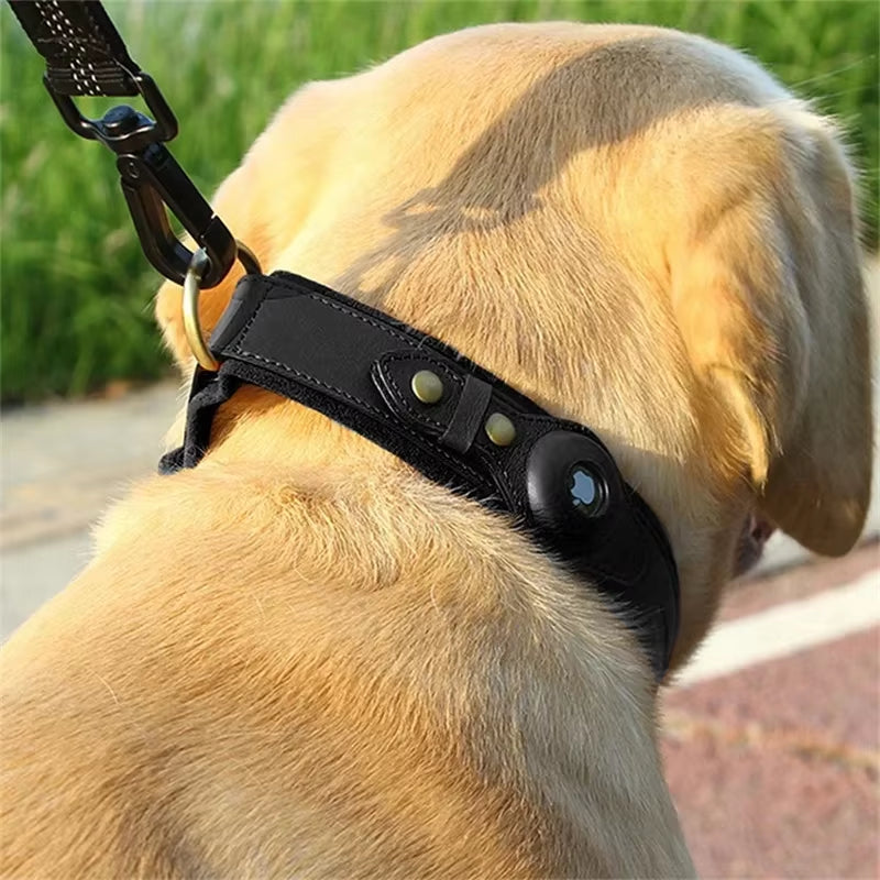 Luxury Leather Dog Collar with Adjustable Fit and Airtag Holder - Perfect for Tracking Your Pet