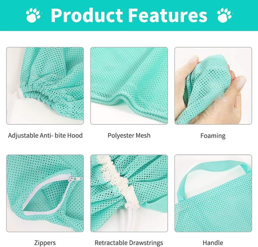 Adjustable Cat Bathing Bag - Anti-Bite & Anti-Scratch Grooming Mesh for Cats and Small Dogs (Up to 15.5 lbs) - Green