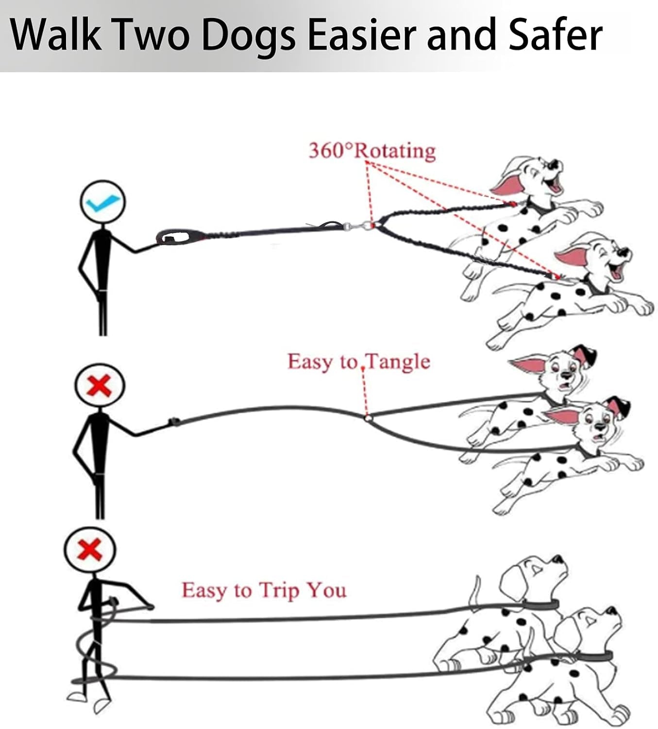 Revolutionary Dual Dog Leash: Tangle-Free, 360° Swivel Design for Medium to Large Dogs - Black and Red Bungee Leash with Padded Handles and Seat Belt Functionality
