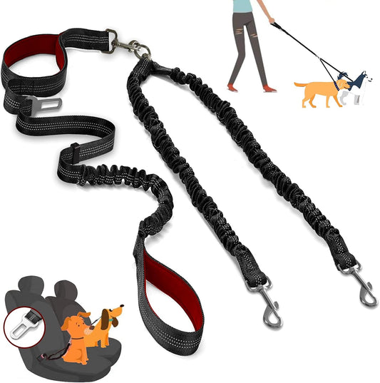 Revolutionary Dual Dog Leash: Tangle-Free, 360° Swivel Design for Medium to Large Dogs - Black and Red Bungee Leash with Padded Handles and Seat Belt Functionality