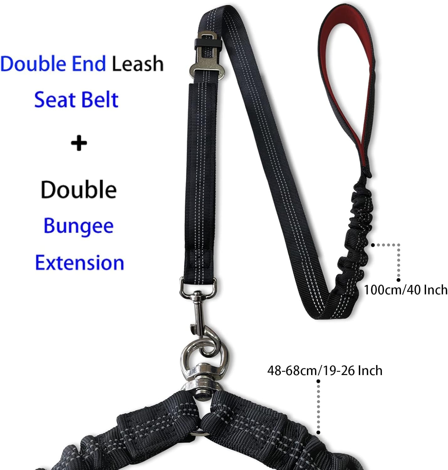 Revolutionary Dual Dog Leash: Tangle-Free, 360° Swivel Design for Medium to Large Dogs - Black and Red Bungee Leash with Padded Handles and Seat Belt Functionality