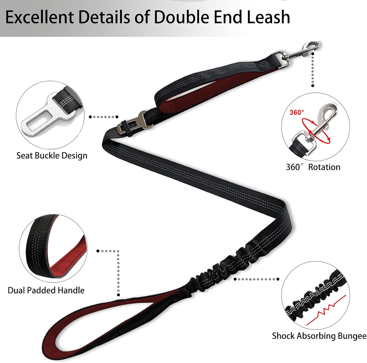 Revolutionary Dual Dog Leash: Tangle-Free, 360° Swivel Design for Medium to Large Dogs - Black and Red Bungee Leash with Padded Handles and Seat Belt Functionality