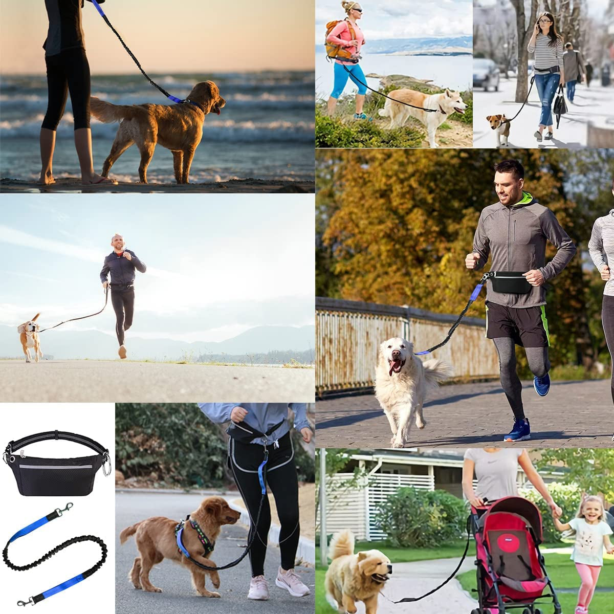Ultimate Hands-Free Dog Leash with Zipper Pouch and Dual Padded Handles for Comfortable Walking and Jogging - Perfect for Medium to Large Dogs (Blue)