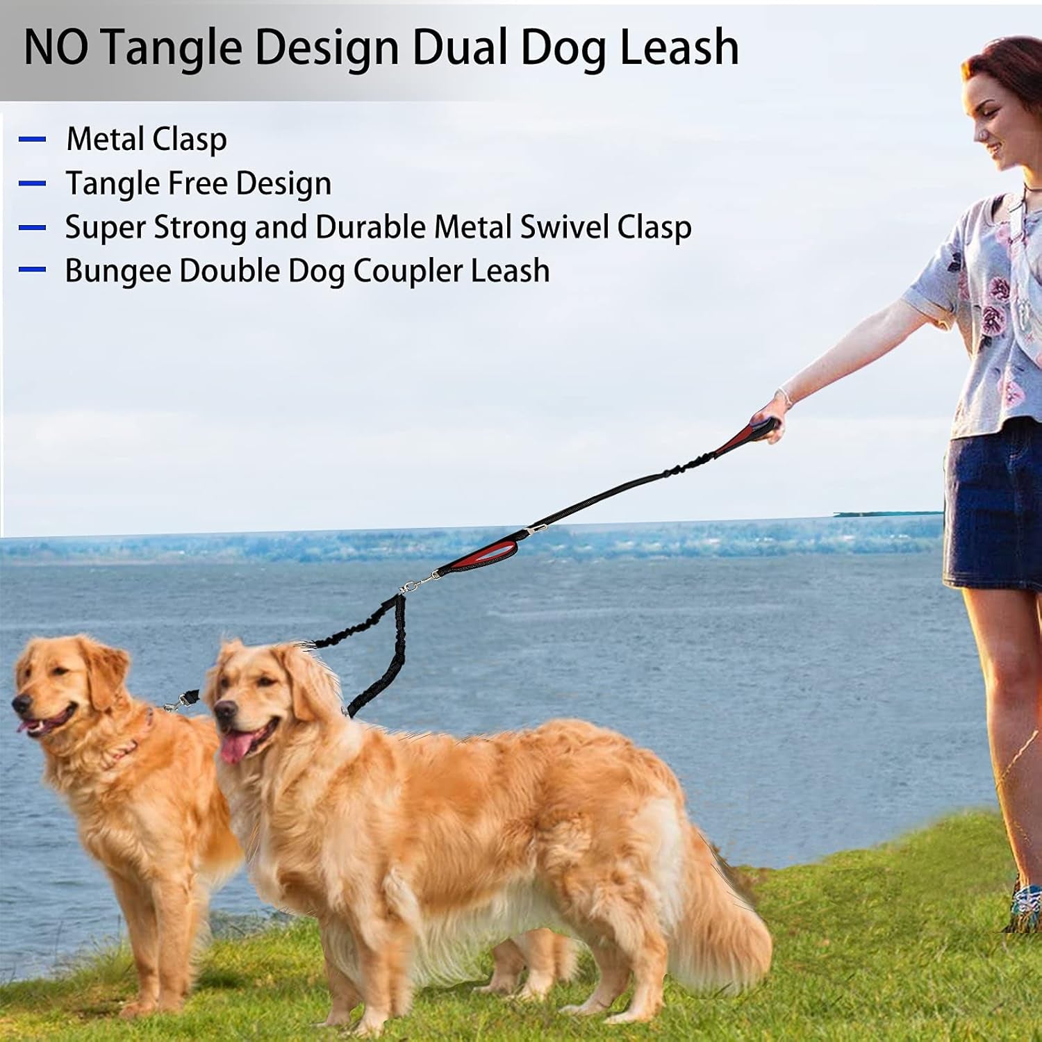 Revolutionary Dual Dog Leash: Tangle-Free, 360° Swivel Design for Medium to Large Dogs - Black and Red Bungee Leash with Padded Handles and Seat Belt Functionality