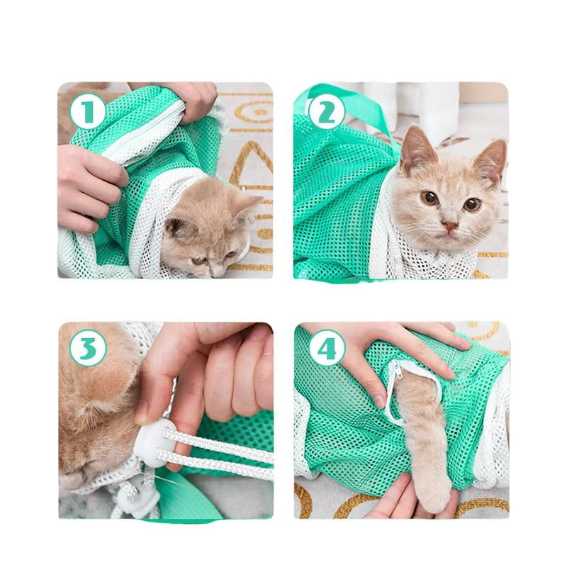 Adjustable Cat Bathing Bag - Anti-Bite & Anti-Scratch Grooming Mesh for Cats and Small Dogs (Up to 15.5 lbs) - Green