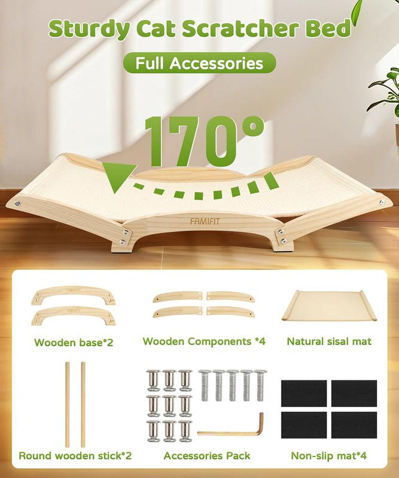 Famifit 2-in-1 Jumbo Cat Scratcher Bed - Eco-Safe Sisal Pad with Natural Wood Base for Indoor Cats