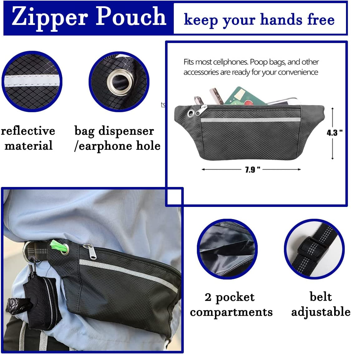 Ultimate Hands-Free Dog Leash with Zipper Pouch and Dual Padded Handles for Comfortable Walking and Jogging - Perfect for Medium to Large Dogs (Blue)