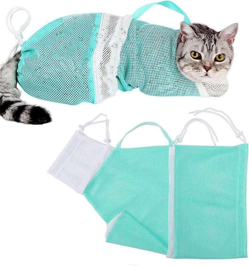 Adjustable Cat Bathing Bag - Anti-Bite & Anti-Scratch Grooming Mesh for Cats and Small Dogs (Up to 15.5 lbs) - Green